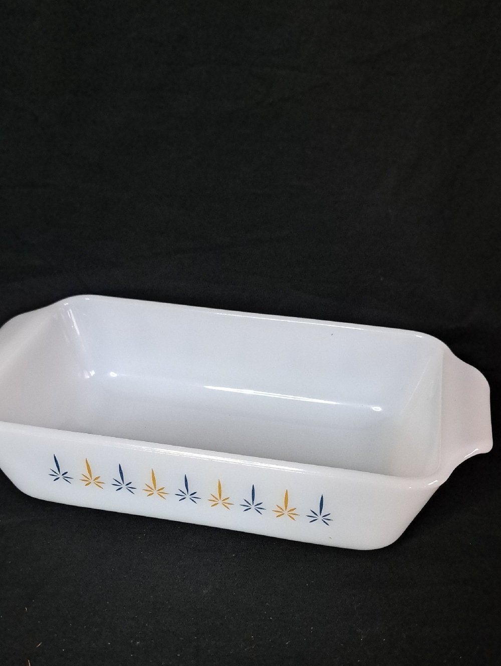 Fire King  White Glass Loaf Pan with Blue & Gold Candlelight Motif